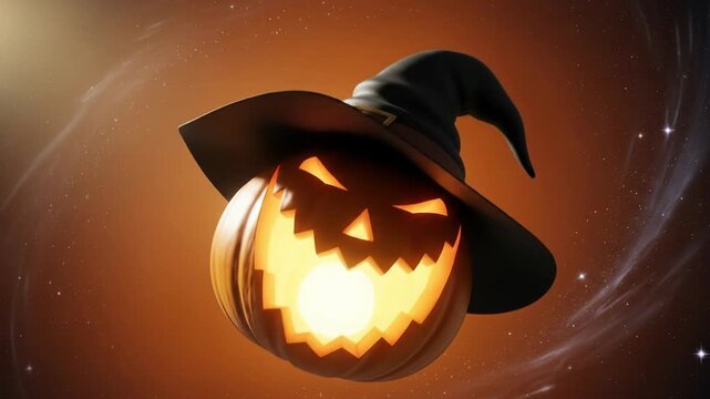 Halloween festival: A creepy laughing, glowing halloween pumpkin wearing a witch's hat on a dark background decorated with stars.