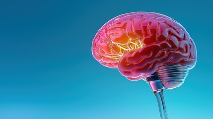 3D rendering of a human brain with glowing internal structures, set against a teal background. The image is highly detailed, emphasizing the brain's
