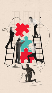 Creative collage. Teamwork concept with business people assembling giant puzzle pieces on abstract background. Concept of collaboration, corporate problem solving, partnership, strategy, and success.