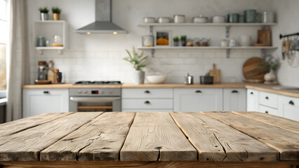 Rustic wooden table in a bright modern kitchen with light green cabinetry and stainless steel appliances