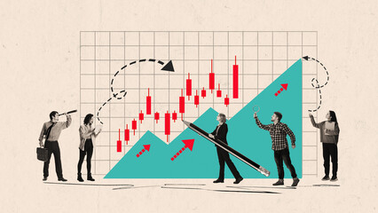 Group of business people analyzing chart with arrows and data on abstract collage. Concept of analytics, finance, corporate planning, teamwork, growth, and decision making.