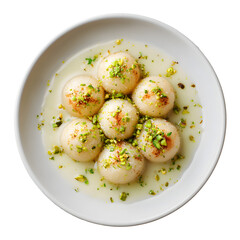 Rasgullas, a traditional indian sweet dish, on white plate with syrup, for restaurant menu, on transparent background.