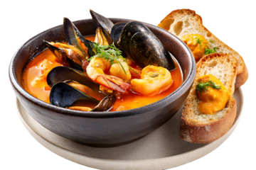 A rustic bowl of classic French Bouillabaisse. A hearty seafood stew with mussels and shrimp in a saffron broth, served with rouille on toast.