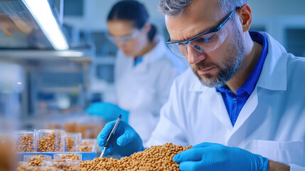 Laboratory technician analyzing samples in research facility, wearing protective gear and focused on quality control