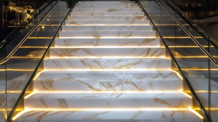 Futuristic urban skyscraper interior with a modern glass and steel escalator extending to a windowed ceiling