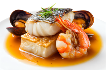 Bouillabaisse seafood stew served elegantly with fish, shrimp, and mussels in rich broth, showcasing French gourmet flavor and refined culinary art.