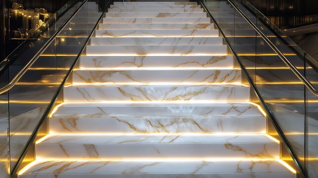 Futuristic urban skyscraper interior with a modern glass and steel escalator extending to a windowed ceiling
