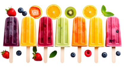 A whimsical, colorful set of fruity ice cream illustrations drawn with a rainbow of vibrant chalk and crayons