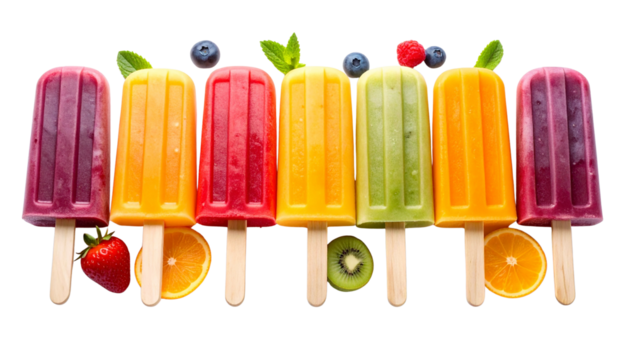 A whimsical, colorful set of fruity ice cream illustrations drawn with a rainbow of vibrant chalk and crayons