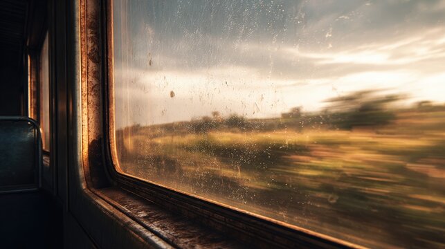 Old train carriage window with slightly dirty glass, countryside passing by in motion blur, realistic cinematic style 