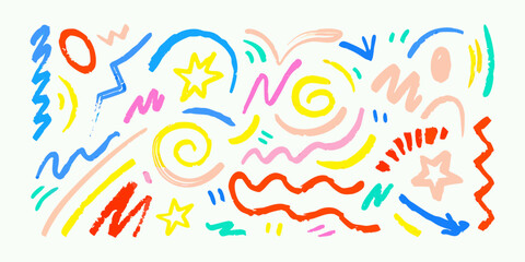 Vibrant abstract hand-drawn brush strokes and shapes on white doodle drawing