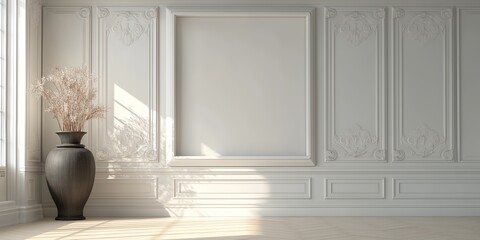 Elegant white classic interior with molding and dried flower arrangement, soft daylight, luxurious vintage style room, perfect for virtual backgrounds and mockups, selective focus, copy space
