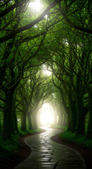 Naklejka premium Sunlit Stone Path Through Lush Green Tree Tunnel.