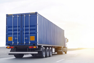 Blue shipping container truck driving on highway