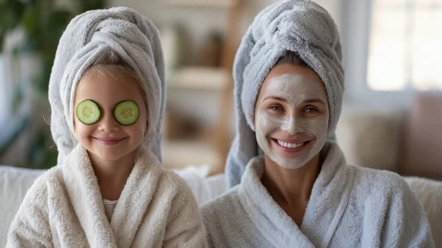 Mother and daughter enjoy a spa day at home, giggling in bathrobes with cucumber slices and hydrating masks in a pastel bathroom.
