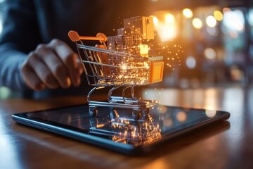 Shopping cart digital tablet online shopping ecommerce concept with glowing gift box and spark effects, vibrant lighting and blurred background conveying excitement and convenience