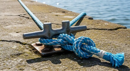 Blue Rope Tied to Metal Cleat on Concrete Dock.
