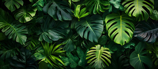 Lush monstera leaves create a dense, vibrant jungle backdrop, showcasing nature's intricate patterns and textures in a calming, natural aesthetic.