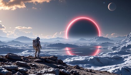 A futuristic space exploration scenario set against an otherworldly landscape under a dark sky