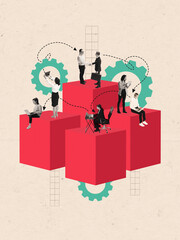 Graphic composition. Business people on red cubes with gears symbolizing corporate teamwork and communication. Concept of cooperation, leadership, planning, innovation, business development and growth © Lustre Art Group 