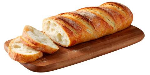A loaf of freshly baked artisan French bread on a wooden board. The crispy, golden crust gives way to a soft, airy crumb. Sliced and ready to serve.A loaf of freshly baked artisan French bread on a wo