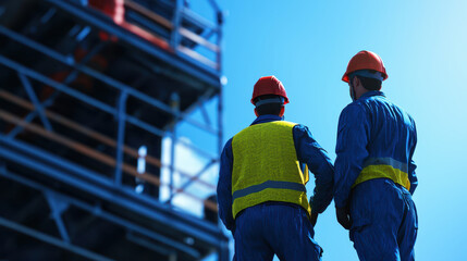 Construction workers observe building site, wearing safety helmets and reflective vests, showcasing teamwork and diligence in their tasks