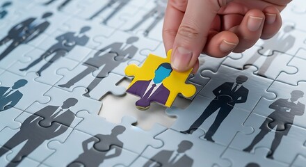 A person in a business suit is placed into a puzzle composed of many business figures, highlighting the concept of finding the right personnel.