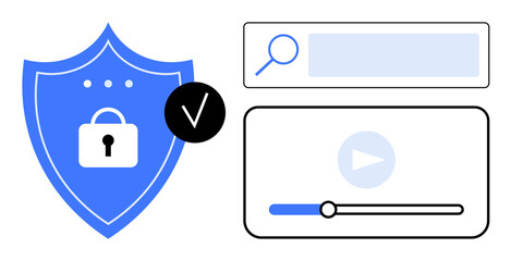 Blue shield with lock and checkmark next to search bar and video player interface highlights cybersecurity, privacy, user authentication, data access, streaming, online protection. Ideal for tech © robu_s