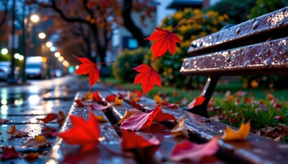 A tranquil autumn scene with red maple leaves scattered across a bench in a park, set against a backdrop of an urban street at dusk with raindrops creating a reflective surface on the wet sidewalk.