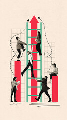 Creative digital artwork. Business people climbing ladder with red arrow symbolizing teamwork and growth. Concept of leadership, collaboration, career development, progress, and corporate success. © Lustre Art Group 