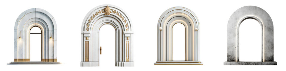 Set of Elegant Archways in Marble and Gold Isolated on White Background. Architecture, Design Element.