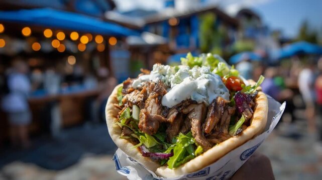 Savor a Greek gyros sandwich with juicy meat and fresh veggies in a toasted pita, set against a backdrop of Aegean-inspired decor.