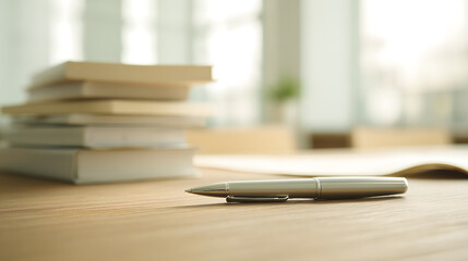 Premium ballpoint pen on warm oak desk in academic study environment with soft natural lighting and minimalist workspace. Educational concept for learning, studying and scholarly atmosphere.