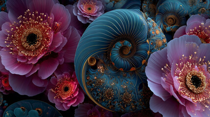 Abstract fractal patterns and shapes. Dynamic flowing natural forms. Flowers and spirals. Mysterious psychedelic relaxation pattern. 