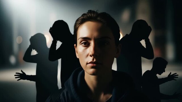 Woman facing inner demons, dark shadows, emotional struggle, for mental health awareness campaigns