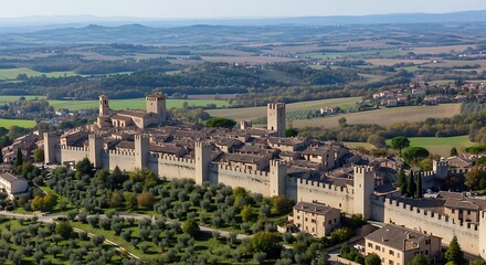High-angle view of a medieval walled town nestled in a valley, surrounded by rolling hills and cultivated fields.