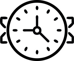 A stylized hand drawn line art icon of a classic analog clock face with bold hands indicating a specific time surrounded by abstract horizontal lines suggesting movement or speed