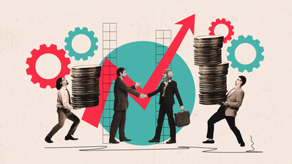 Graphic composition. Business handshake with coins and arrow symbolizing partnership and financial...