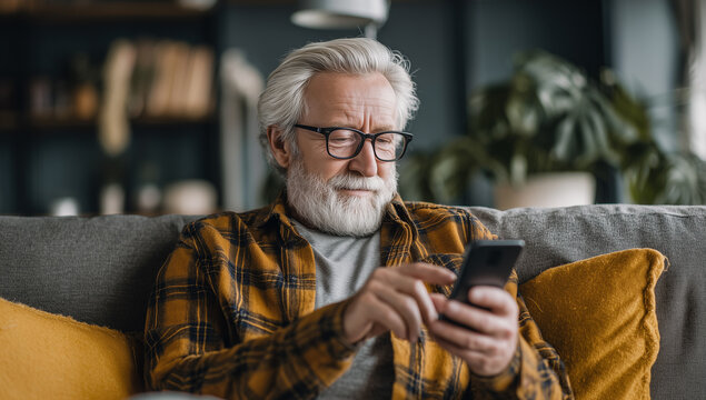 elderly man holding a mobile phone in his hands while typing a text message online
