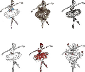 Zombie ballerina characters in dark gothic tutu, creepy Halloween horror dance costume set, undead skeleton ballet cartoon vector illustration design © Afsana Creatives