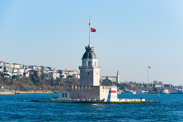 General daytime view of the Maiden's Tower on the Bosphorus Strait in Istanbul, T&uuml;rkiye