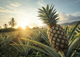 Obraz premium Ripe pineapple growing in the heart of a spiky tropical field vibrant natural scene captured from a unique perspective