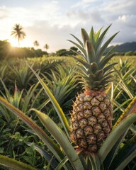 Obraz premium Ripening pineapple thrives amidst spiky tropical plants in lush field landscape capturing nature's vibrant beauty
