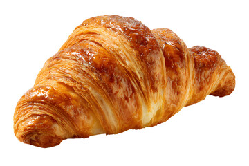 A glossy, golden-brown croissant, isolated on a plain background. Its perfectly baked, flaky layers showcase a buttery, tempting breakfast pastry.