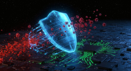 Advanced cybersecurity technology with a digital shield protecting a microprocessor from malware and virus attacks on a circuit board