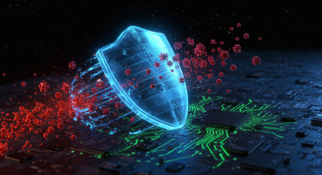 Advanced cybersecurity technology with a digital shield protecting a microprocessor from malware and virus attacks on a circuit board