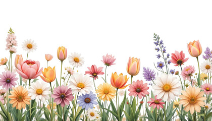 Fototapeta premium Horizontal watercolor banner of spring flowers with daisies, tulips, and blossoms
