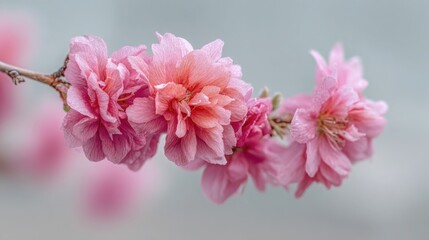 Obraz premium Delicate double pink cherry blossoms bloom on a branch in soft focus