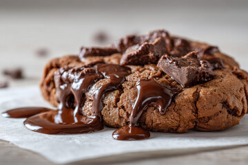 Chocolate Dripping Cookies loaded with melty chocolate chunks and molten drizzle on white parchment for fresh gooey presentation