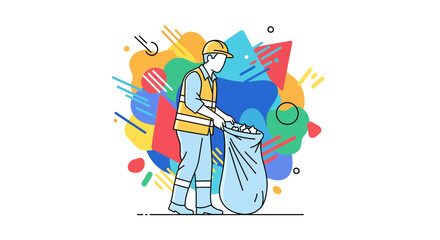 Fototapeta premium Construction worker collecting trash, cleanup, recycling